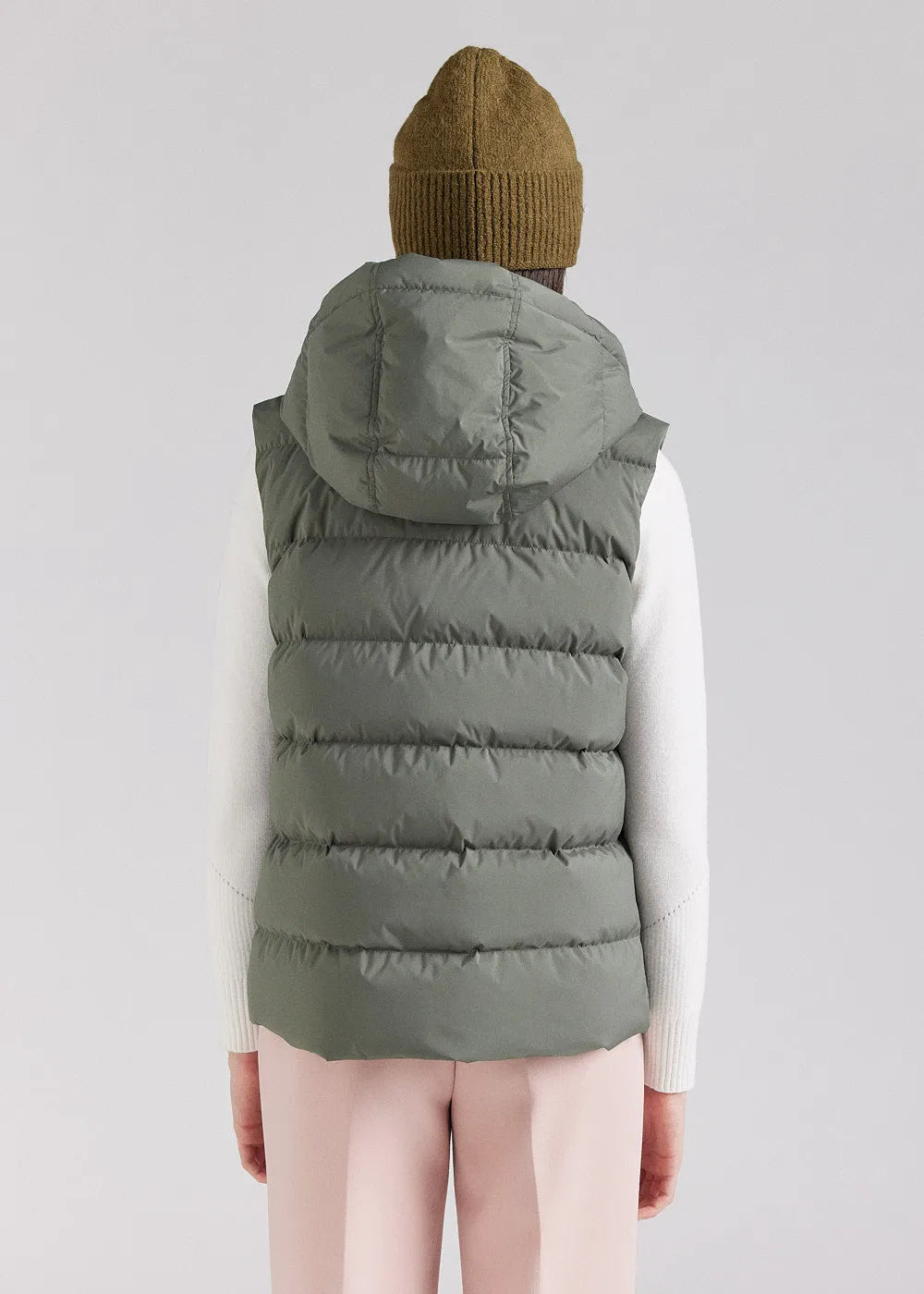 Women's sleeveless Pyrenex Spoutnic down jacket with removable hood in deep khaki