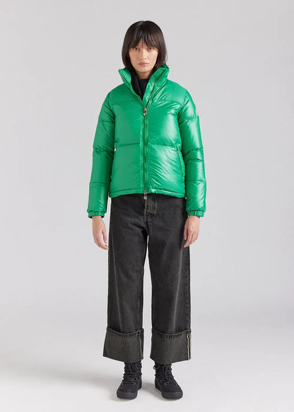 Short glossy down jacket for women Pyrenex Goldin Green