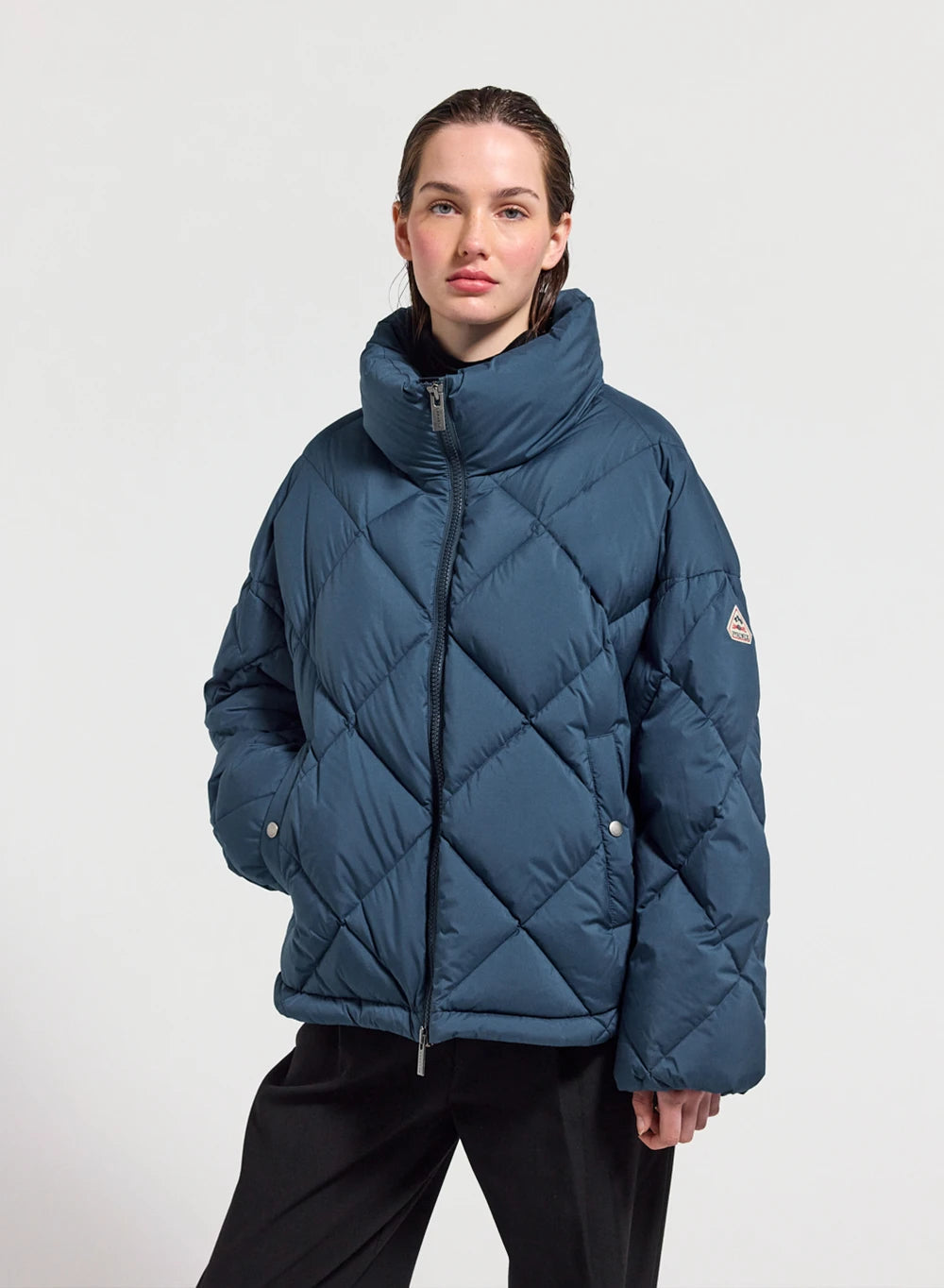 Women's oversized down jacket Pyrenex Adele with enveloping collar petrol blue