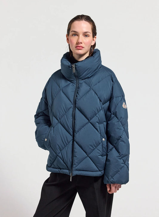 Women's oversized down jacket Pyrenex Adele with enveloping collar petrol blue