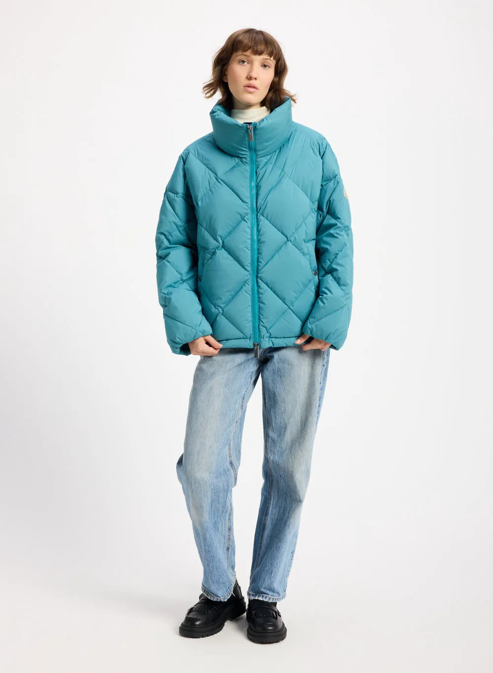 Pyrenex Adele oversize women's down jacket with enveloping collar turquoise