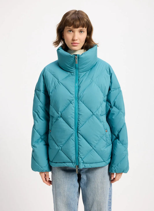 Pyrenex Adele oversize women's down jacket with enveloping collar turquoise