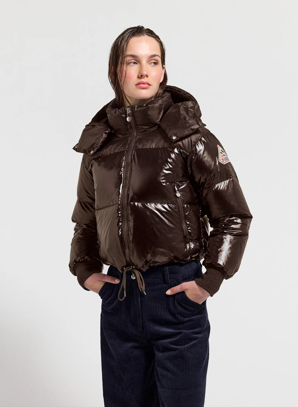 Short hooded women's down jacket Altic dark brown