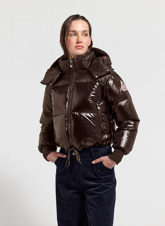 Short hooded women's down jacket Altic dark brown