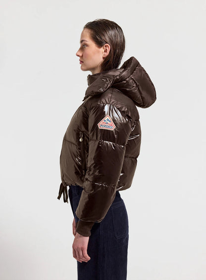 Short hooded women's down jacket Altic dark brown