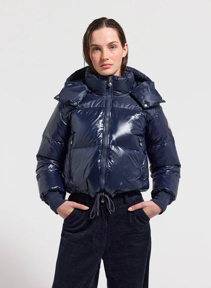 Short hooded women's down jacket Pyrenex Altic navy blue