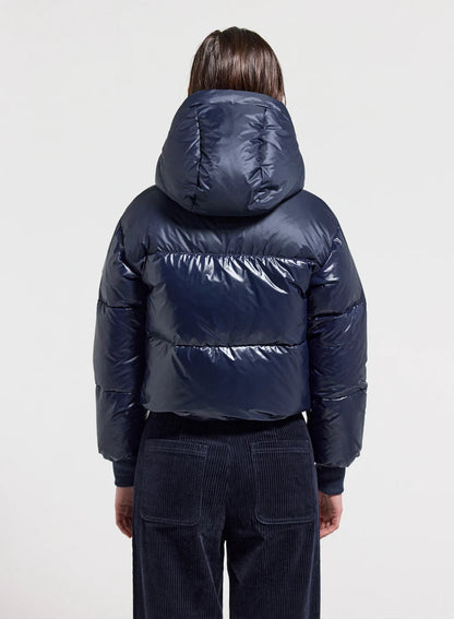 Short hooded women's down jacket Pyrenex Altic navy blue