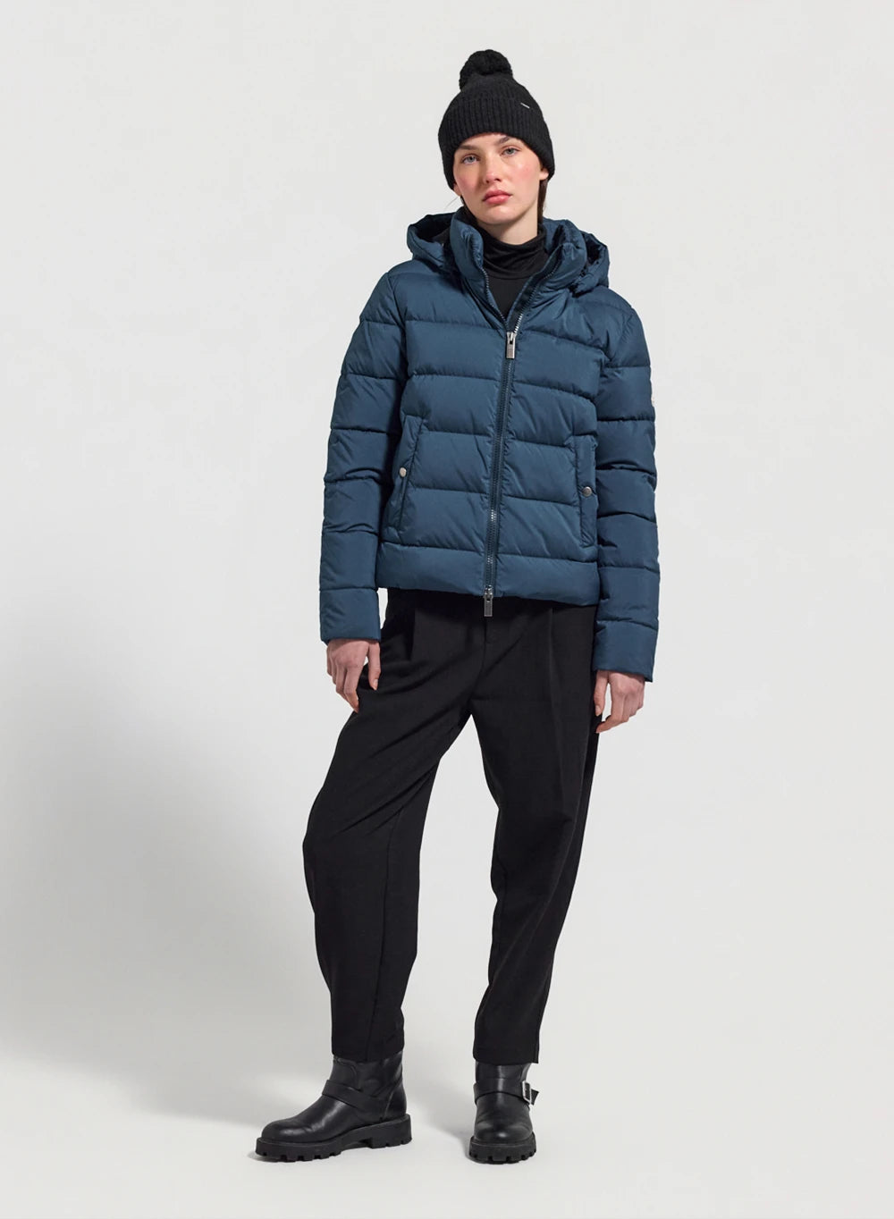 Women's down jacket Pyrenex Spoutnic with removable hood petrol blue