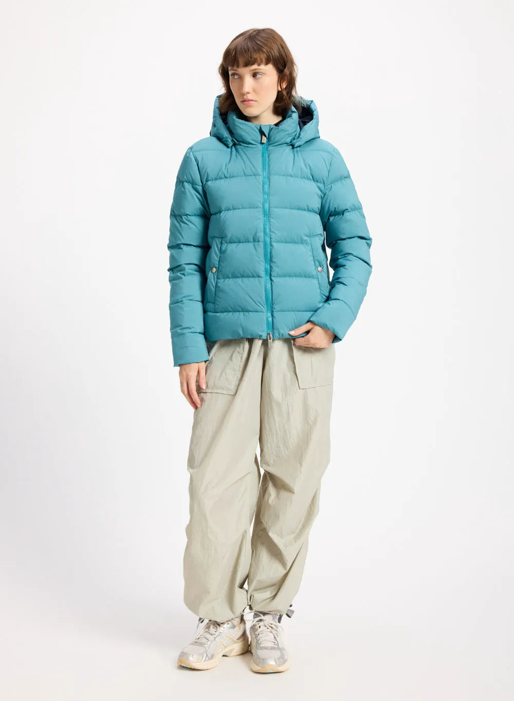 Women's down jacket Pyrenex Spoutnic with removable hood turquoise blue