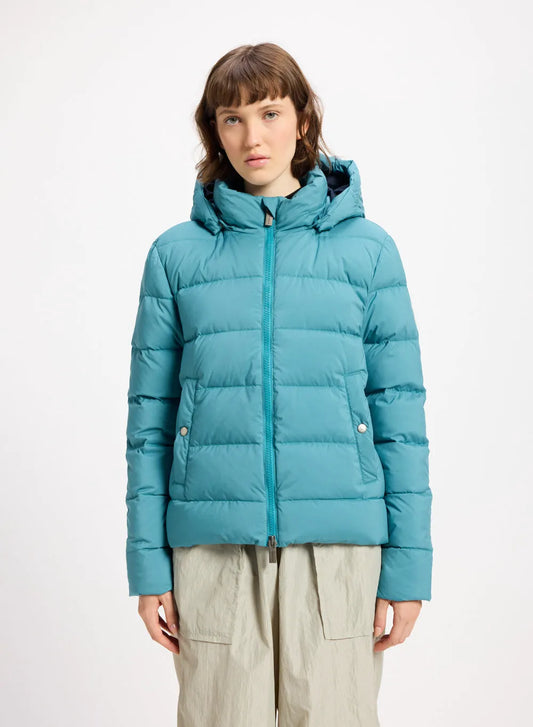 Women's down jacket Pyrenex Spoutnic with removable hood turquoise blue
