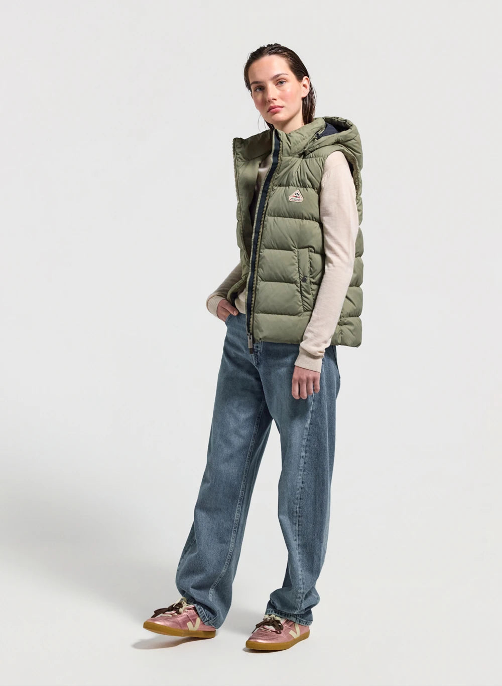 Women's sleeveless down jacket Pyrenex Spoutnic with removable hood light khaki
