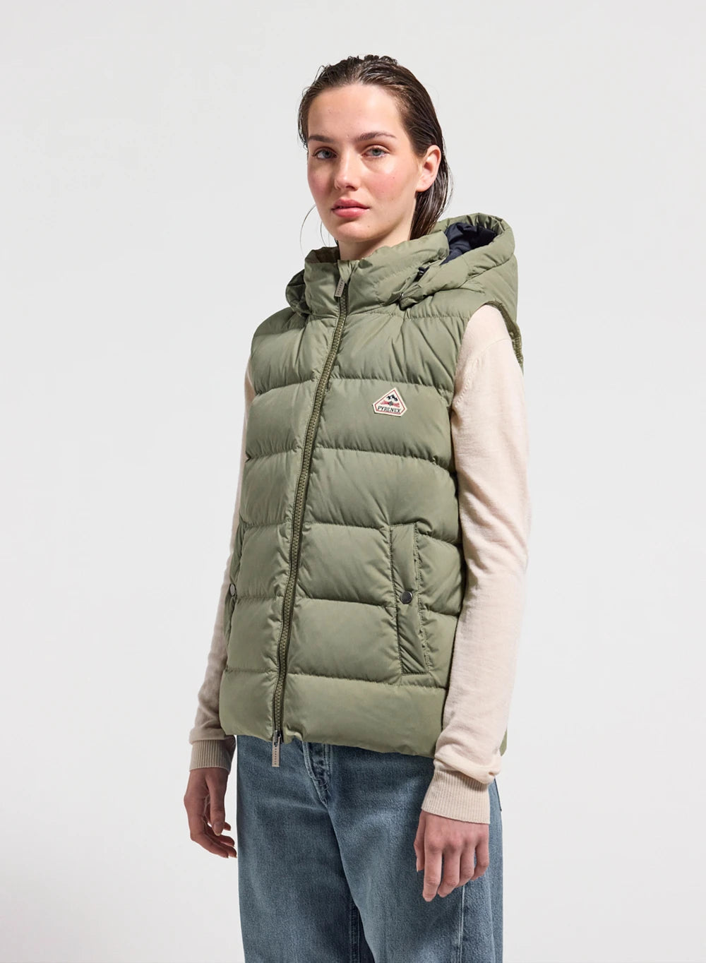 Women's sleeveless down jacket Pyrenex Spoutnic with removable hood light khaki