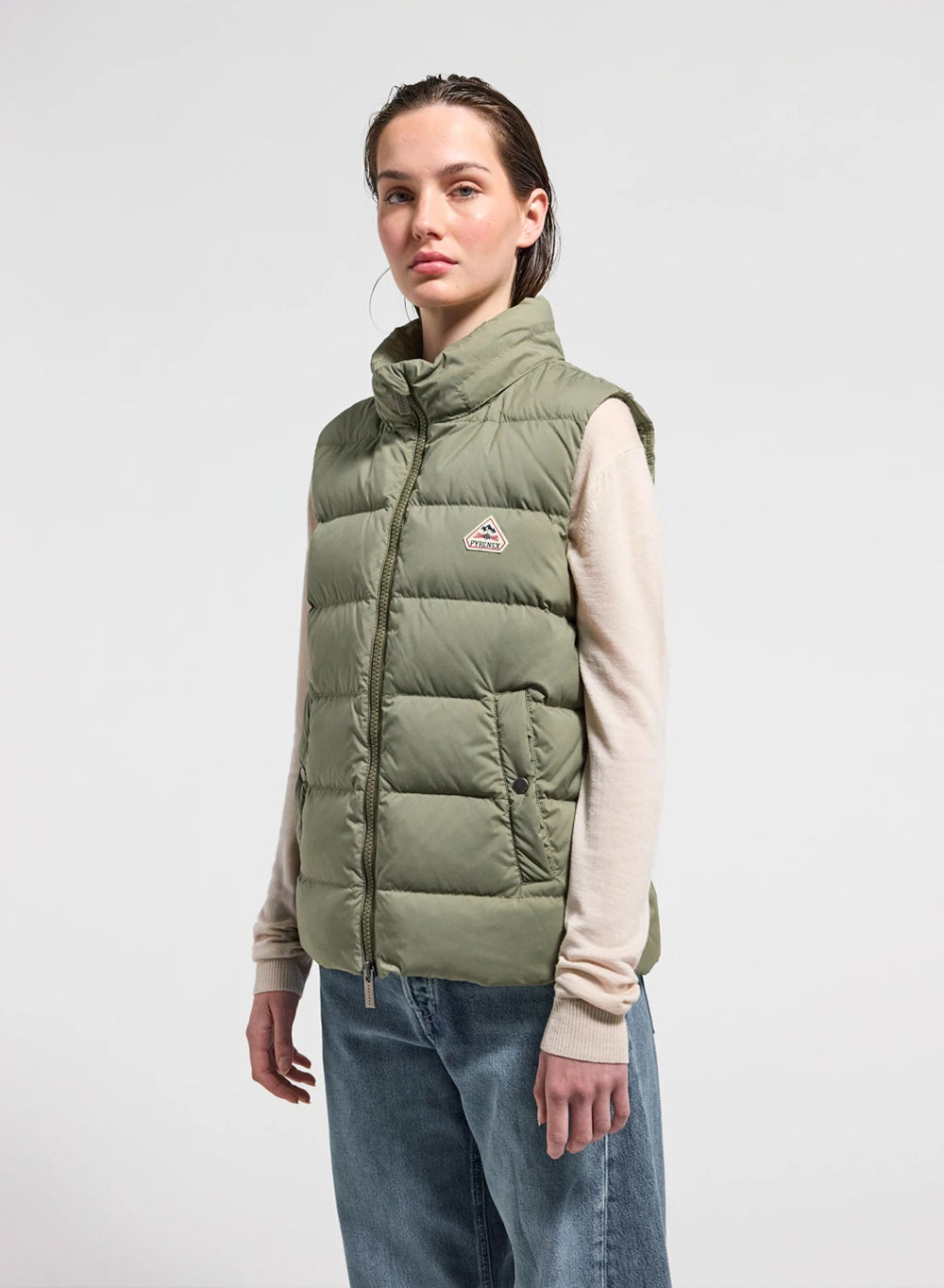 Women's sleeveless down jacket Pyrenex Spoutnic with removable hood light khaki