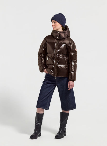 Lively brown shiny women's down jacket