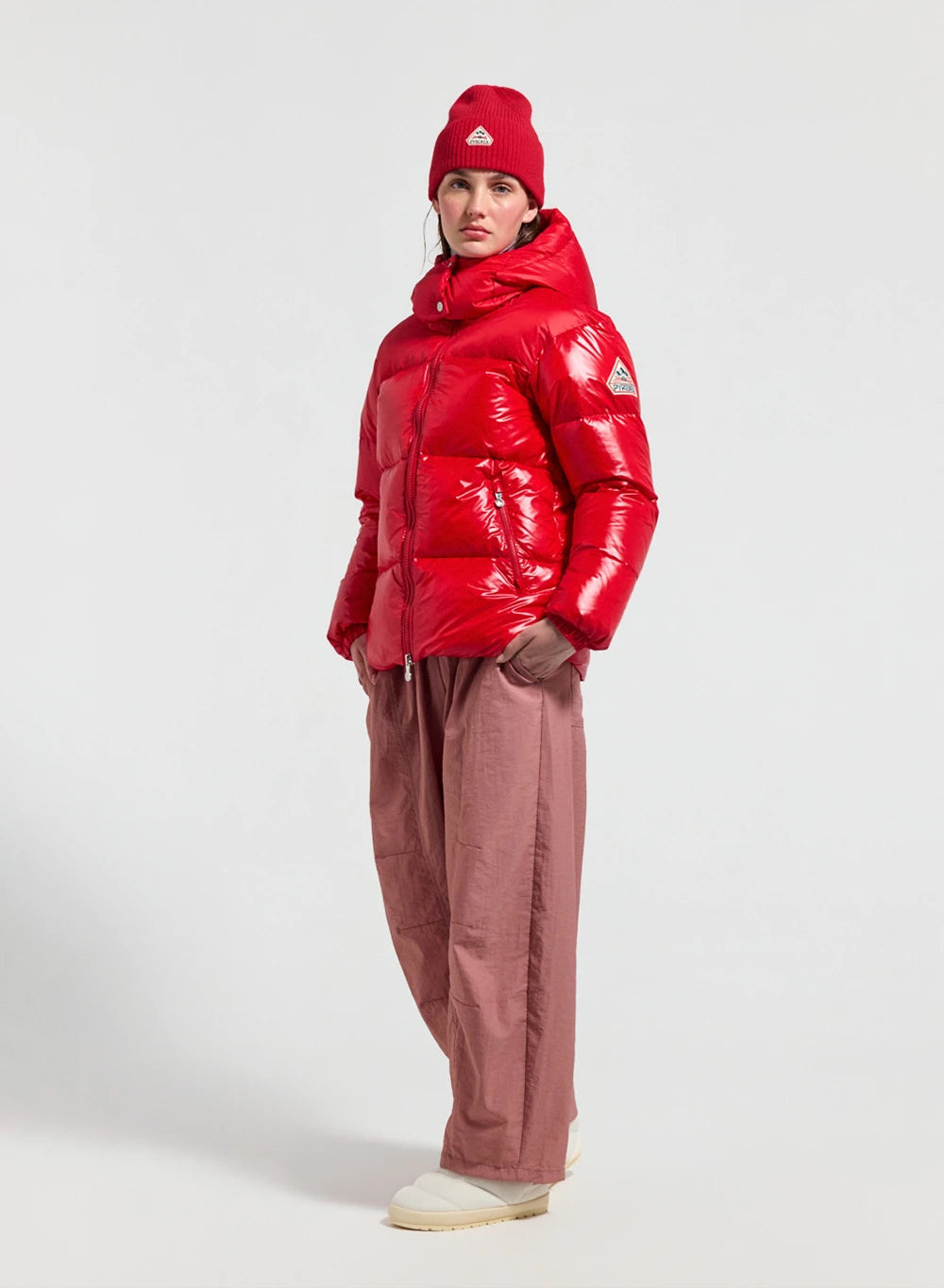 Lively red glossy women's down jacket