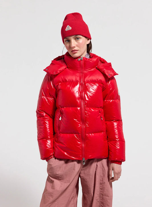 Lively red glossy women's down jacket