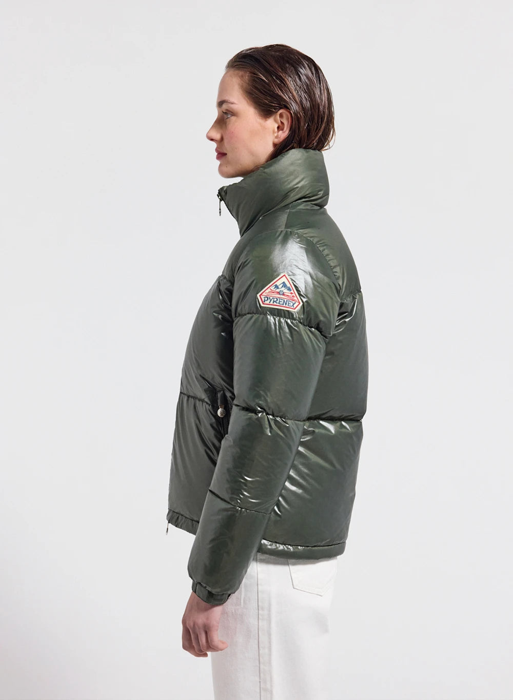 Short glossy down jacket for women Pyrenex Goldin dark khaki