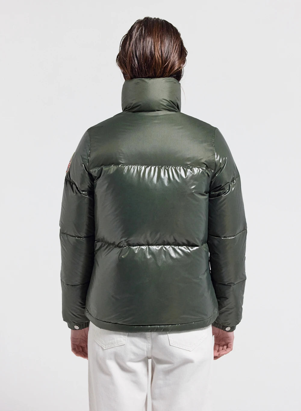Short glossy down jacket for women Pyrenex Goldin dark khaki