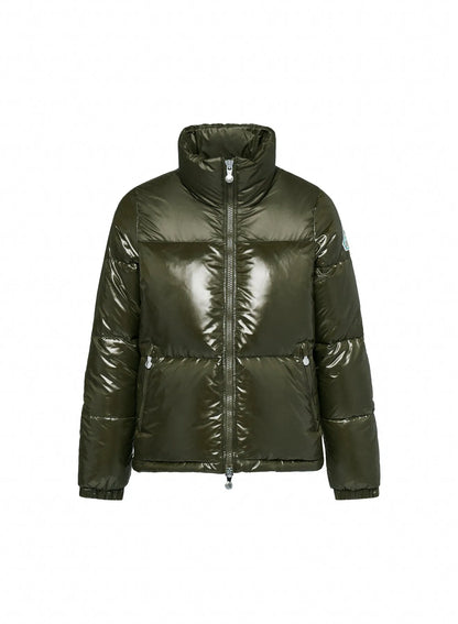 Short glossy down jacket for women Pyrenex Goldin dark khaki