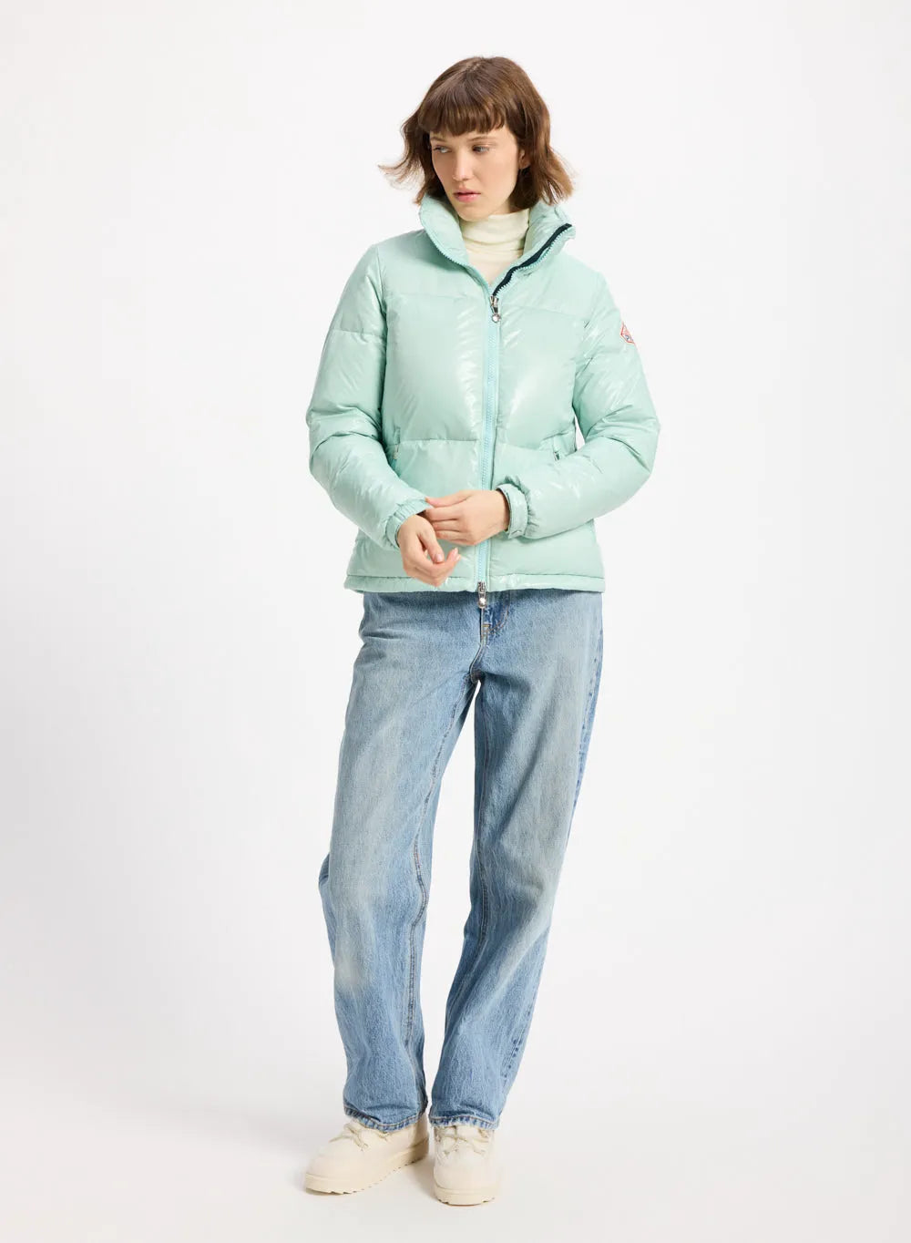 Short shiny down jacket for women Pyrenex Goldin water green