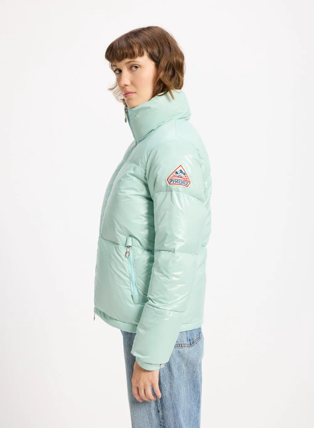 Short shiny down jacket for women Pyrenex Goldin water green
