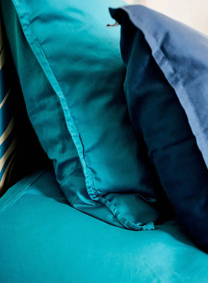 Pillowcases x2 plain peacock blue in cotton and TENCEL™ Lyocell