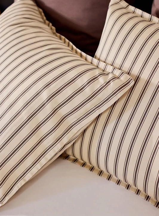Pillowcases x2 with brown and ecru stripes in cotton and TENCEL™ Lyocell