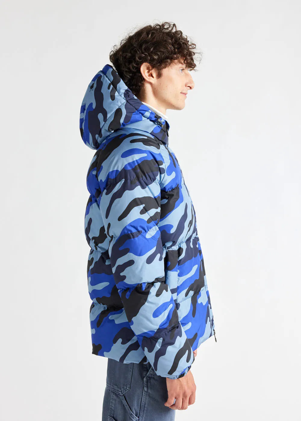 Unisex hooded down jacket Pyrenex Sten in Camo blue print camouflage fabric