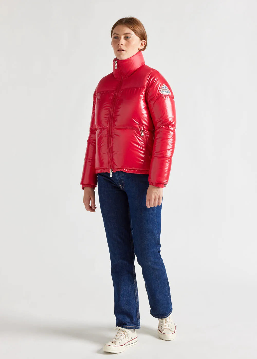 Short glossy down jacket for women Pyrenex Goldin Ribbon red