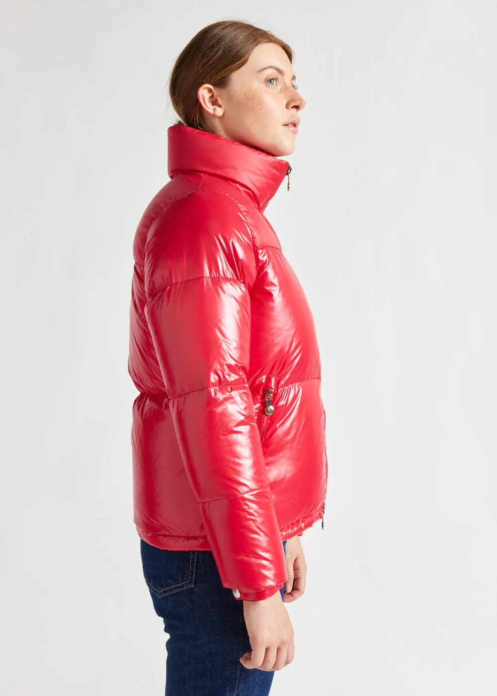 Short glossy down jacket for women Pyrenex Goldin Ribbon red