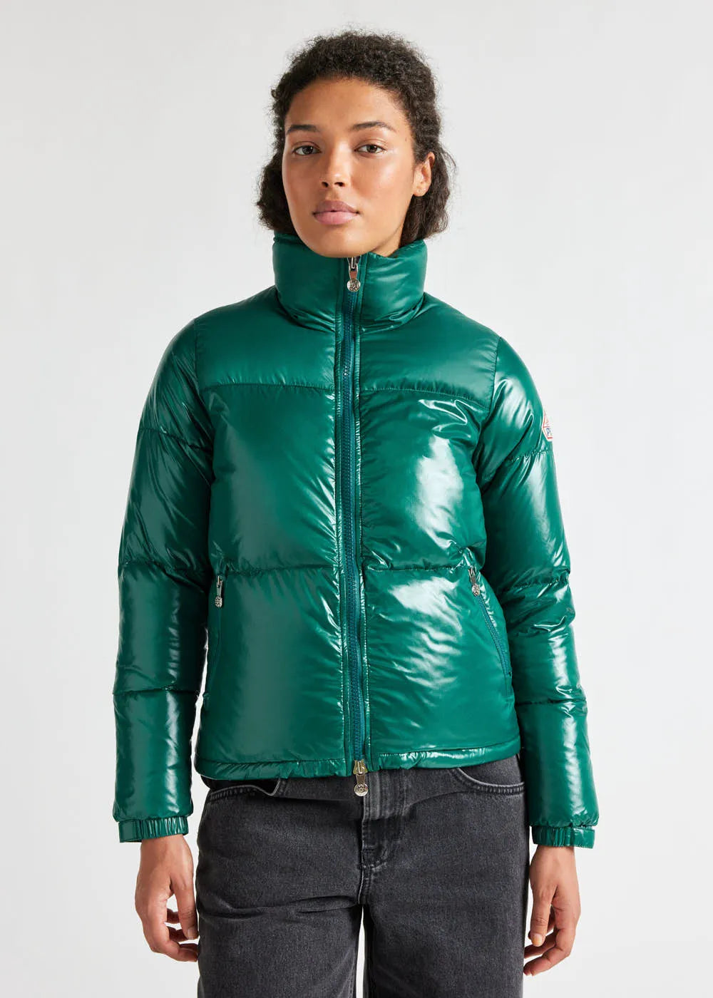 Short shiny down jacket for women Pyrenex Goldin Forest biome