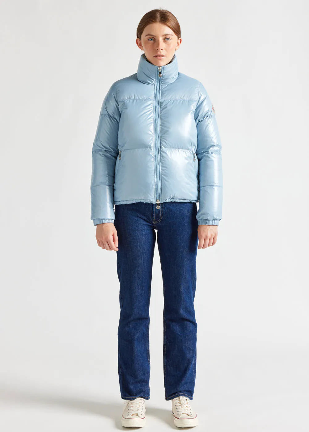 Short glossy down jacket for women Pyrenex Goldin Dusty blue